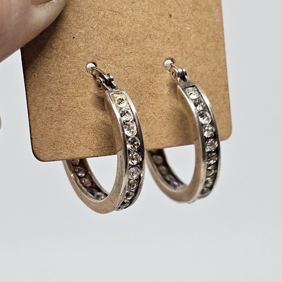 925 STERLING SILVER - Shiny Crystal Round Hoop Earrings - Picture 3 of 12